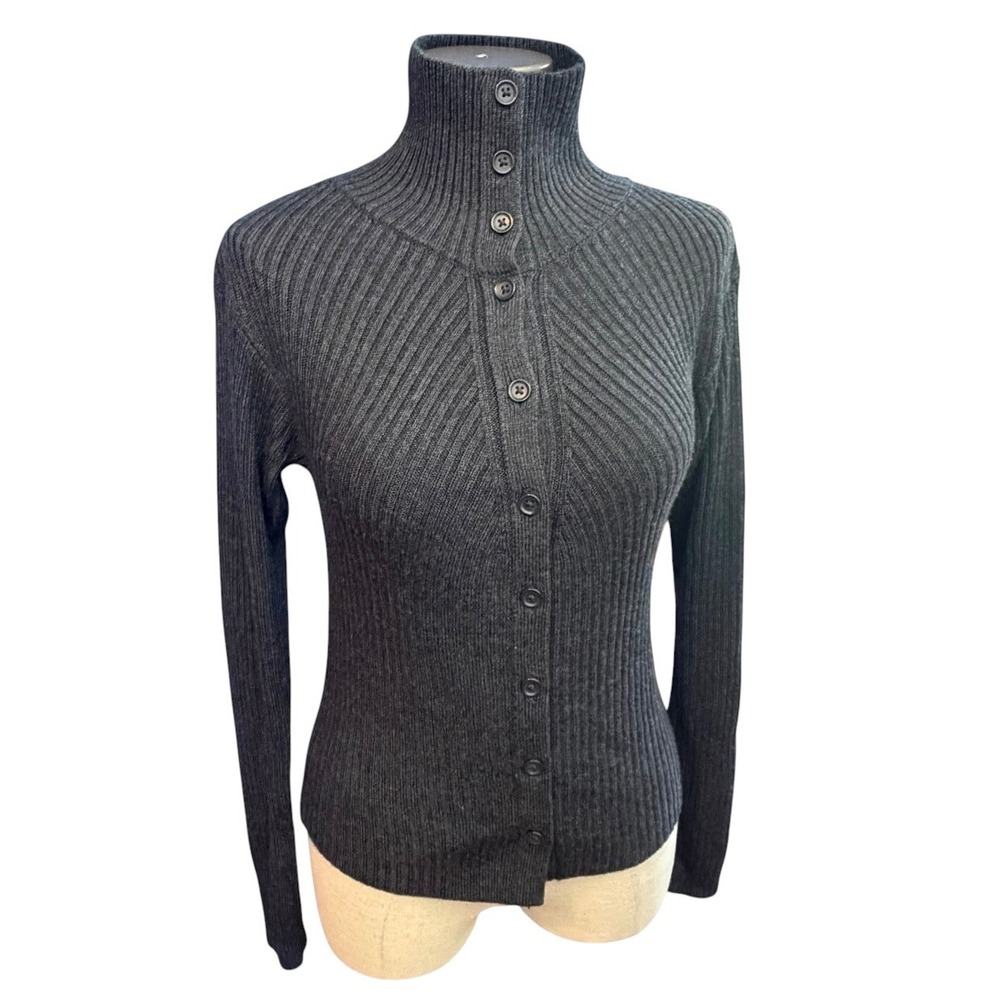Uniqlo U Womens Ribbed Wool Blend Turtleneck Button Cardigan Charcoal Grey M L